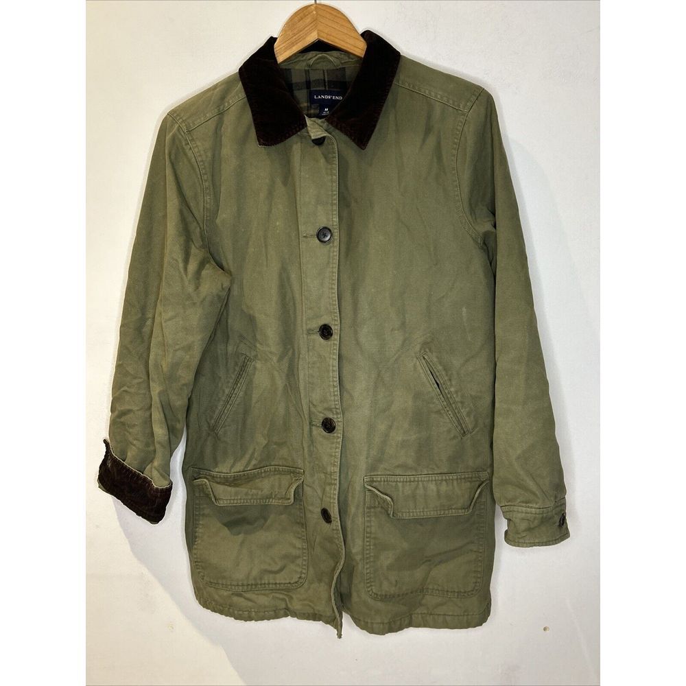 Lands End Jacket Mens M Green ‎ Barn Coat Plaid Lined Field M Collared